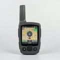 Handheld GPS device with a rectangular screen displaying a colorful digital map. It