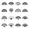 Handheld or hand fans rigid foldable line and bold icons set isolated on white