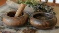 A handheld mortar and pestle used to grind up dried herbs and plants for creating homemade poultices and salves for