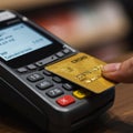 A handheld payment terminal with a numeric keypad shows a partially visible screen displaying text.