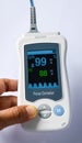 Handheld Pulse oximeter, Medical device used to monitor blood oxygen in the patients in the hospital . Royalty Free Stock Photo