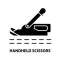 handheld scissors icon, black vector sign with editable strokes, concept illustration