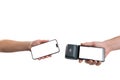 Handheld smartphone approaching POS terminal with blank screens, isolated on white background, suitable for mobile payment systems Royalty Free Stock Photo