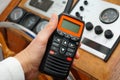 Handheld VHF held to transmit a message from the water and sea. For pleasure craft to call for help if there is a mayday.