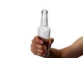 Handholding blank bottled water on the palm isolated on a white background. Save the water concept. Object with clipping path.