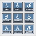 Handicap icons, parking and toilet signs, disabled people Royalty Free Stock Photo