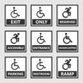 Handicap signs, wc and parking icons, disabled people Royalty Free Stock Photo
