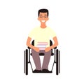 Handicap student sit in whilechair. Disabled teen. Person with disabilities. Teenager with physical disorder. Flat cartoon Royalty Free Stock Photo