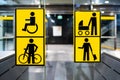 Handicapped, bicycle, stroller and big luggage yellow pictrogram in metro, information in public transport, no people