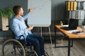 Handicapped Businessman Sitting On Wheelchair And Using Computer In Office Royalty Free Stock Photo