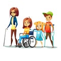Handicapped children illustration of disabled and blind girl in wheelchair or boy on crutch
