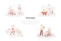 Handicapped - disabled and blind people walking in park and making sports vector concept set