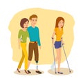 Handicapped man around next to girlfriend, girl goes on crutches.