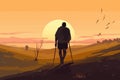 Handicapped man releases crutches, facing sunset, celebrating recovery. Rear view of healed disabled male enjoying twilight