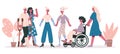 Handicapped people. Group of disabled characters, friendly disable injury persons isolated vector illustration. Disabled