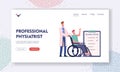 Handicapped Person Rehabilitation Landing Page Template. Disabled Male Character Ride Wheelchair with Doctor Assistance Royalty Free Stock Photo