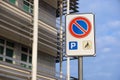 Handicapped sign mark parking spot, disabled parking permit sign on pole with convenience store in gas station area Royalty Free Stock Photo