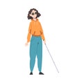 Handicapped Weak Sighted Woman with White Cane Feeling Sad Vector Illustration