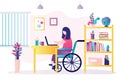 Handicapped woman studying at workplace. Female character sits in wheelchair. People disability. Concept of social adaptation and