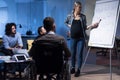 Handicapped young man with his colleagues working in office. Disabled businessman in the wheelchair and his colleagues listetning Royalty Free Stock Photo