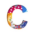 Handicraft or creative font. The letter C cut out of paper on the background of the texture of pieces of colored fabrics for home