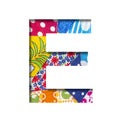 Handicraft or creative font. The letter E cut out of paper on the background of the texture of pieces of colored fabrics for home