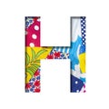 Handicraft or creative font. The letter H cut out of paper on the background of the texture of pieces of colored fabrics for home