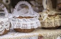 Handicraft market stall with wicker baskets. Handmade objects in