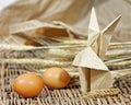 Handicraft origami rabbits from paper. Easter bunnies Royalty Free Stock Photo