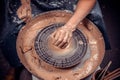 Handicraftsman shows how to work with clay and pottery wheel. The concept of craft creativity. Close-up.