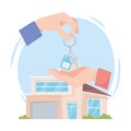 Handing over the Key from a new home, modern house background Royalty Free Stock Photo