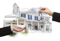 Handing Over Keys On House Drawing and Photo on White Royalty Free Stock Photo