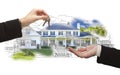 Handing Over Keys On House Drawing and Photo on White Royalty Free Stock Photo