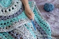 Handiwork. Knitting. Handmade. Girl crocheting floor Mat Royalty Free Stock Photo