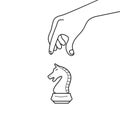 Business illustration of businessman hand holding chess knight piece, strategy, strategic moves concept.