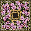 Handkerchief with a pattern of pink orchids on a black background