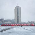 Handkerchiefs on the central square of the city of Vladivostok against the building of the Administration of the