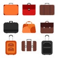 Handle bags and travel suitcases in flat style. Set of colored luggage and suitcase, baggage and bag for trip and Royalty Free Stock Photo