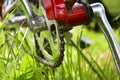 Handle, chain cover and pedal. Close-up of a fragment of a bicycle Royalty Free Stock Photo