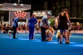 Handler presenting dog during World dog show. Geneva, Switzerland