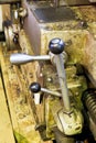 Handles of metal lathe machine close up