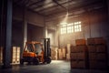 distribution delivery box transportation logistic storage cargo warehouse forklift sun. Generative AI.