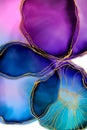 Handmade abstract art background with watercolor, inks stain, spots elements with purple, green and blue color. Elegant gold veins