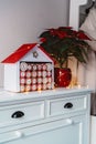 Handmade advent calendar house made from toilet paper rolls and carton. Sustainable Christmas Royalty Free Stock Photo