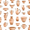 Handmade antique greek pottery seamless pattern. Ancient vases decorated by hellenic ornaments vector flat illustration