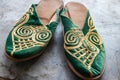 Handmade Arabic style looking colorful shoes in street market bazaar or Suk