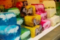 Handmade aromatic soap. Selective focus. Soaps and cosmetics on street market festival. Craft soap bars at traditional Royalty Free Stock Photo