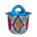 Handmade artistic pained colorful decorated pottery basket with two handles with clipping path Royalty Free Stock Photo