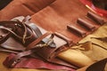 Handmade bag for tools on leather pieces Royalty Free Stock Photo