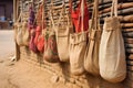 handmade bags of jute and cloth hanging in a row